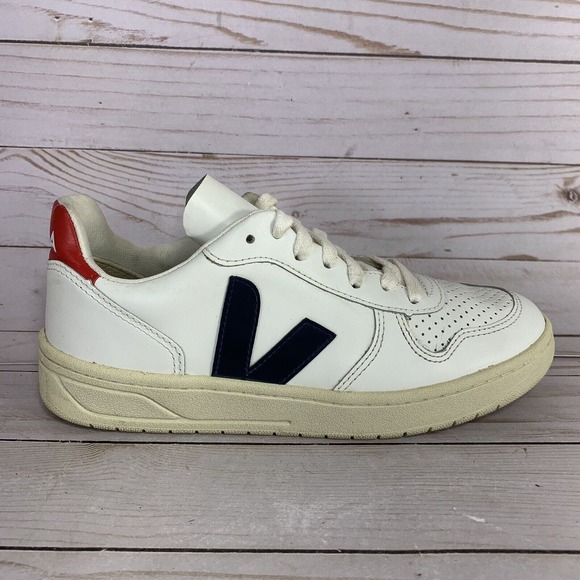 Veja Shoes - Veja V-10 B-Mesh Women Size 6 White Leather Blue Red Casual Shoes Low Top